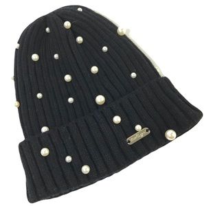 BARI LYNN Black Knit Beanie NEW Knit Hat With Faux Pearls